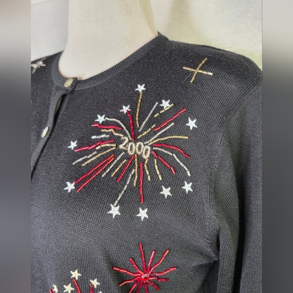 Vintage Karen Scott Fireworks Beaded Cardigan Sweater Y2K 2000 Black L - Picture 5 of 7